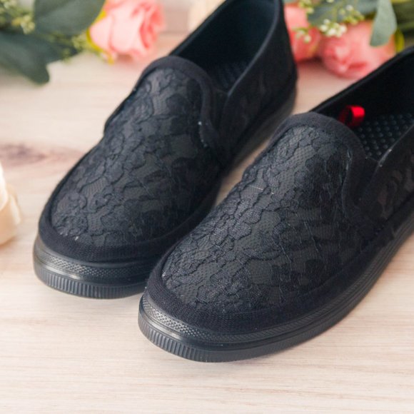 Gothic Black Lace Slip On Sneakers - Picture 4 of 8